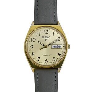 Pulsar by Seiko Men's Gold Plated Vintage 1980's Day Date Watch 34mm